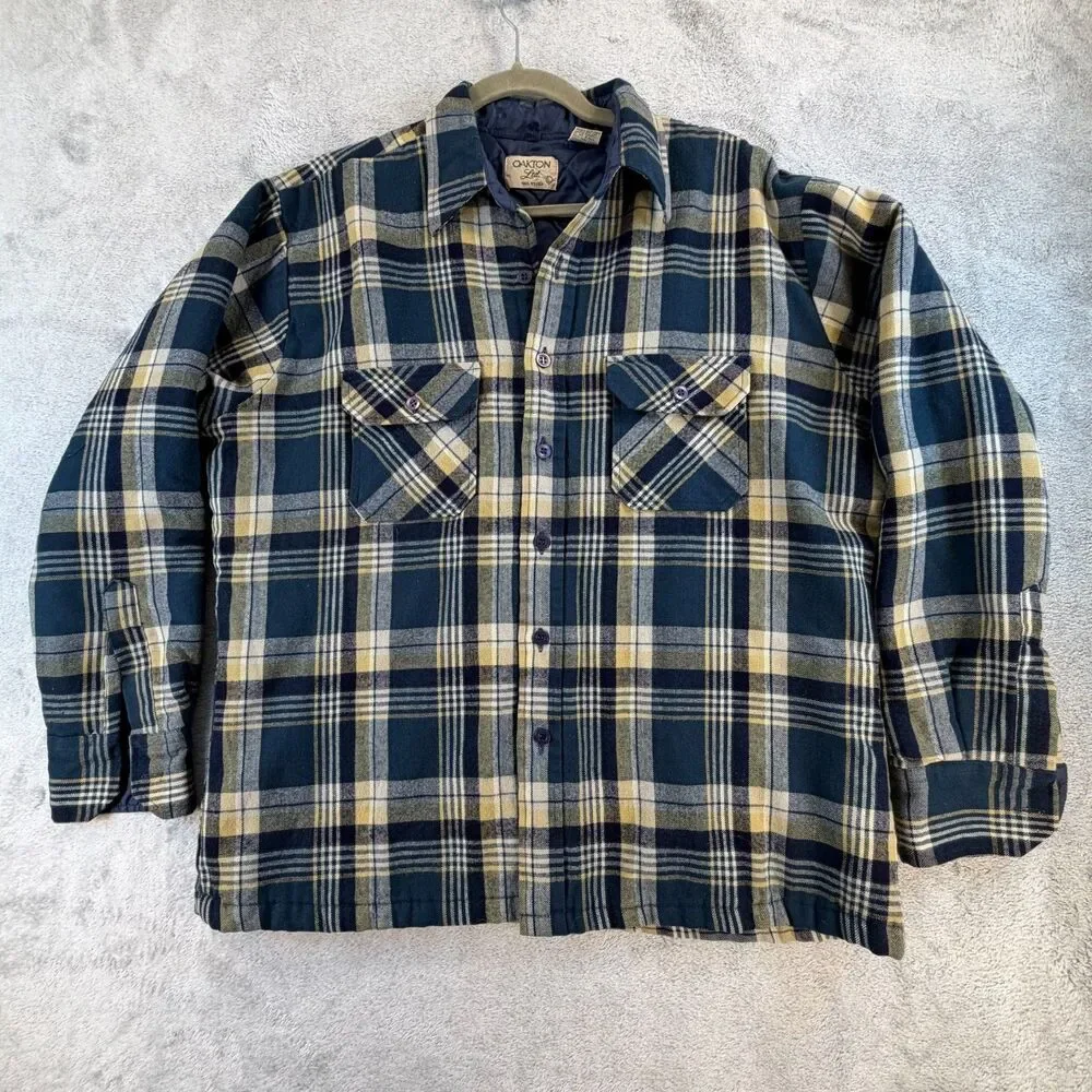 Oakton Ltd Vintage Flannel Shirt Jacket Mens Large Plaid Quilted Lined